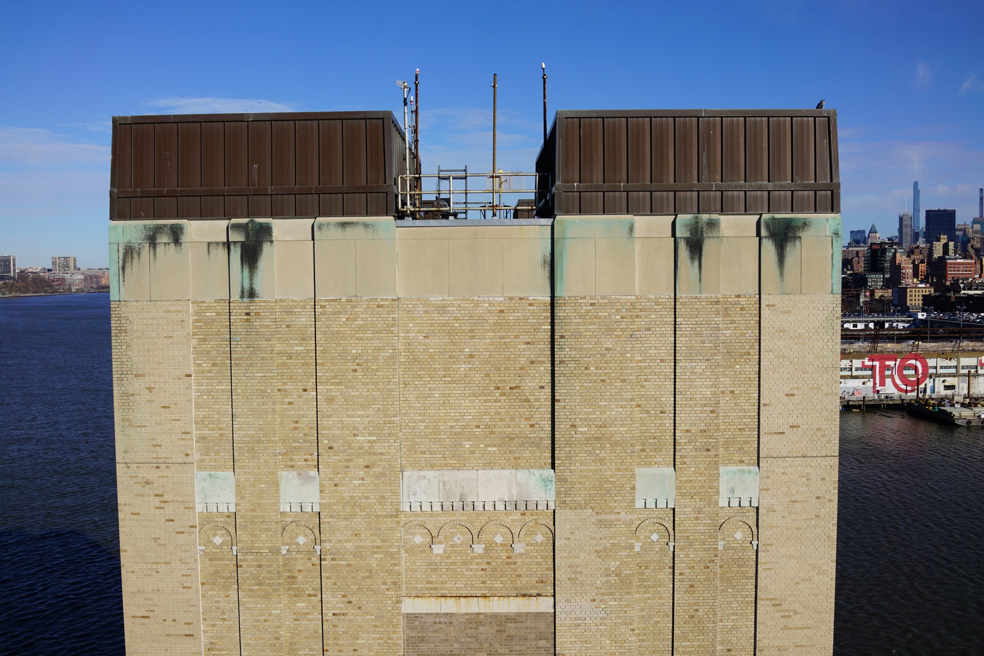 Drone view of Holland Tunnel east ventilation building facade in Manhattan